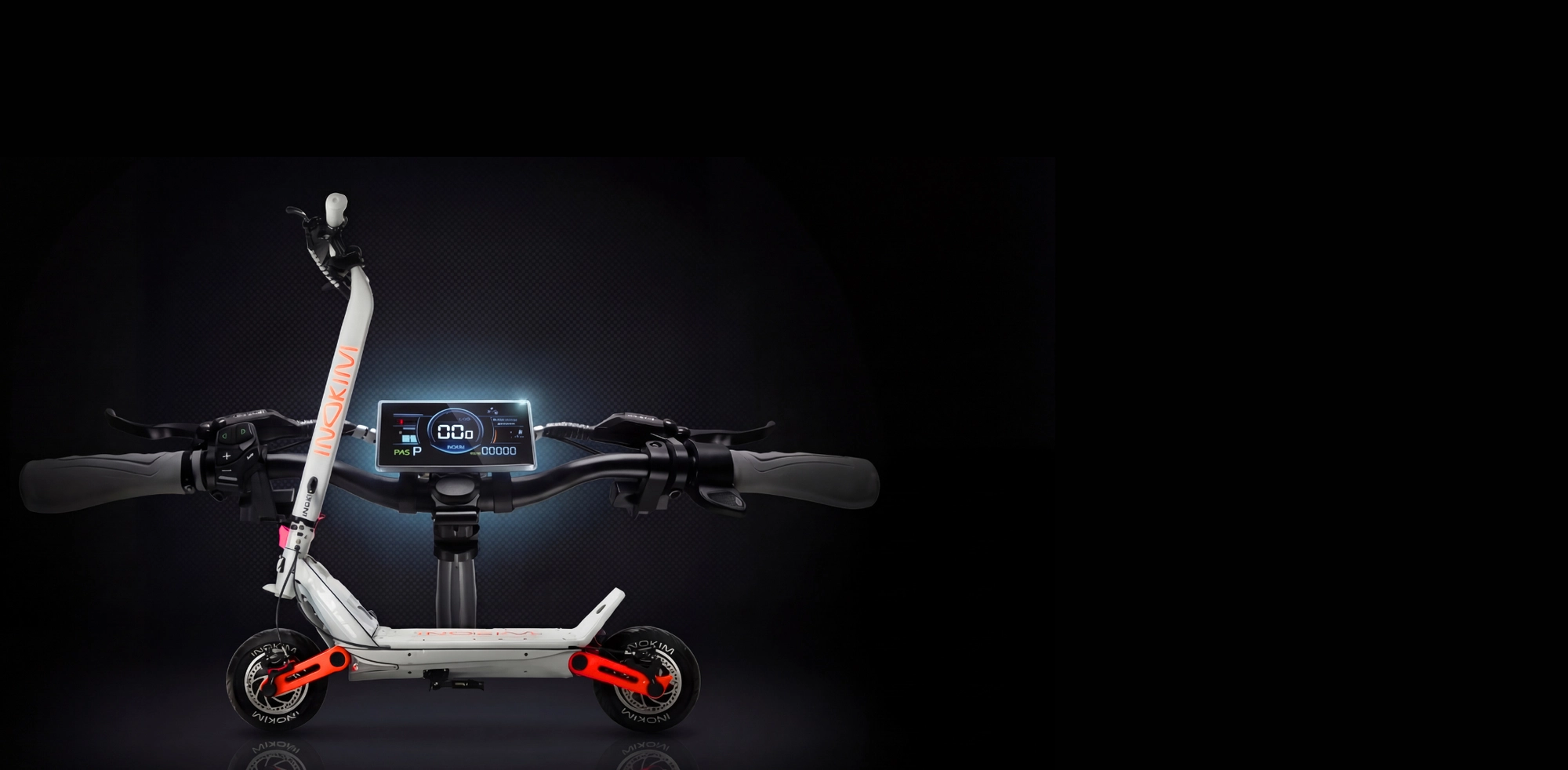 Inokim scooter with its handlebar display lit against a black studio