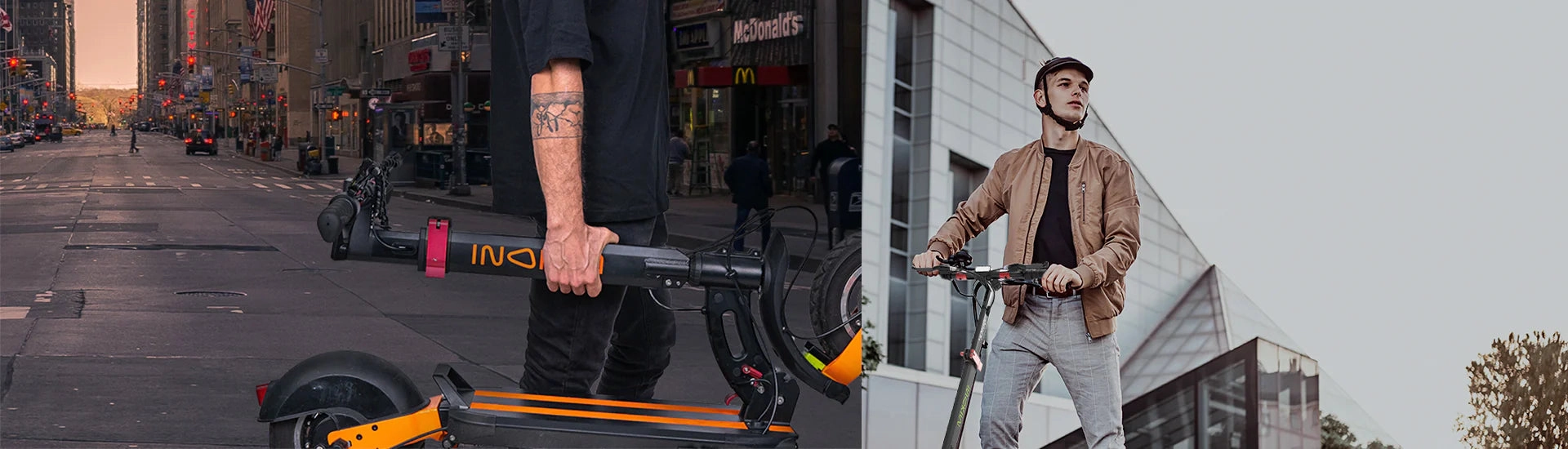 A rider carries a folded Inokim scooter down a city street beside a rider in a bomber jacket